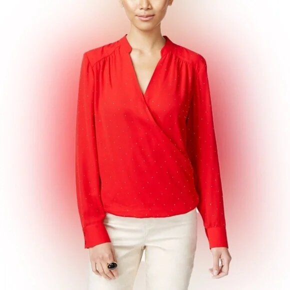 INC, size 4, red sparkly, v neck, criss cross long sleeve blouse, light weight - Picture 9 of 9